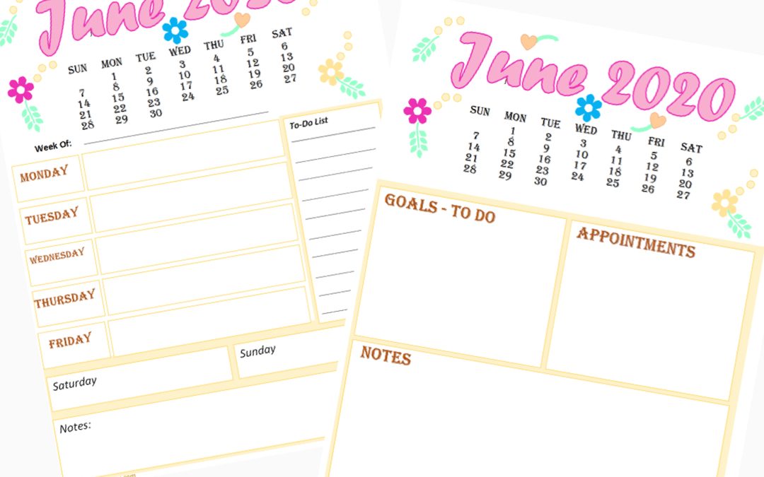 2 Free Calendar and Weekly Planner for June 2020 printable