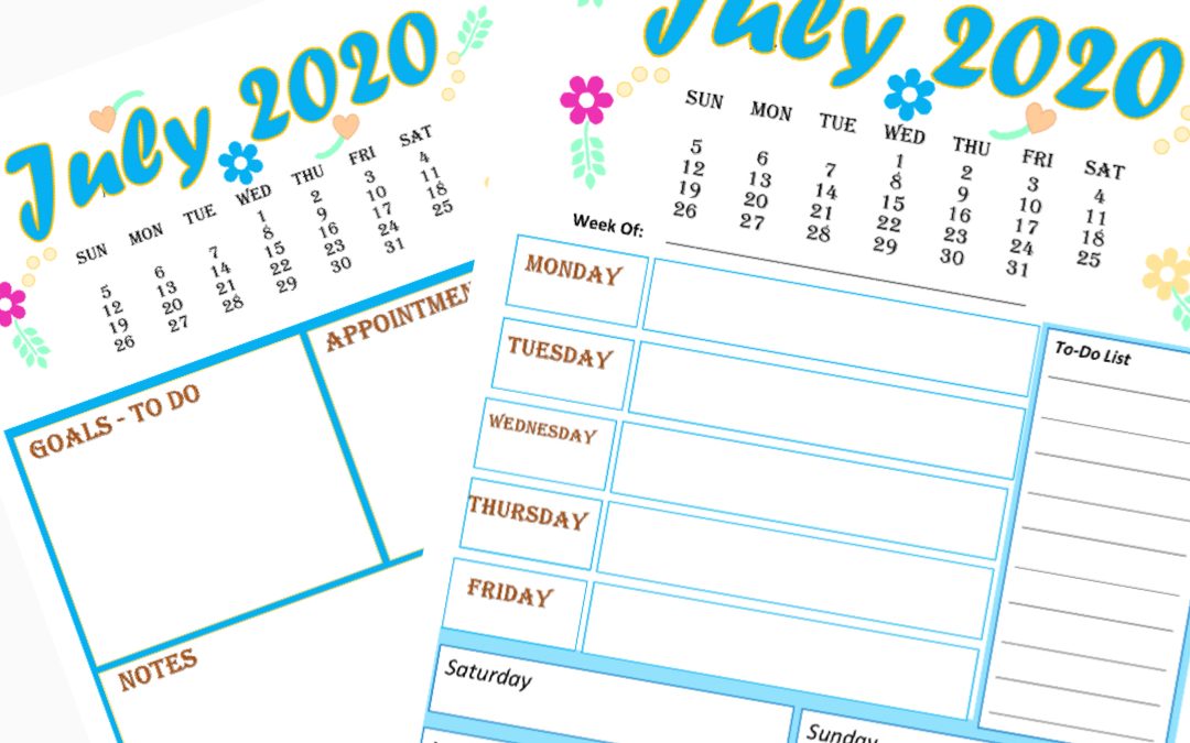 2 Free Calendar and Weekly Planner for July 2020 printable