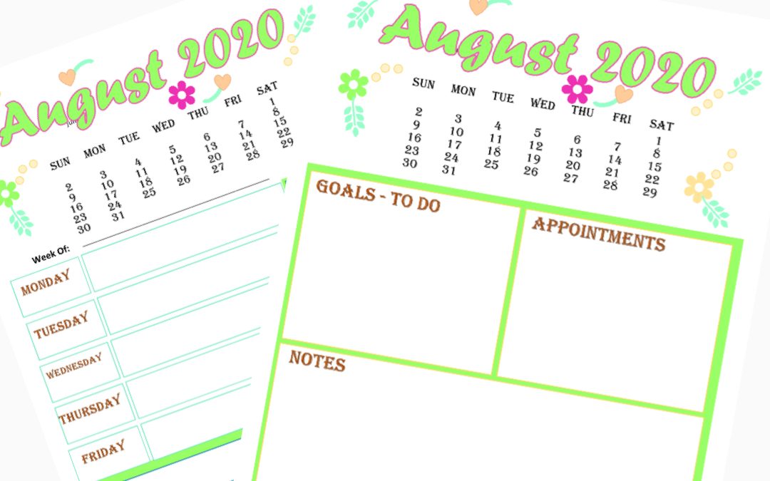 2 Free Calendar and Weekly Planner for August 2020 printable
