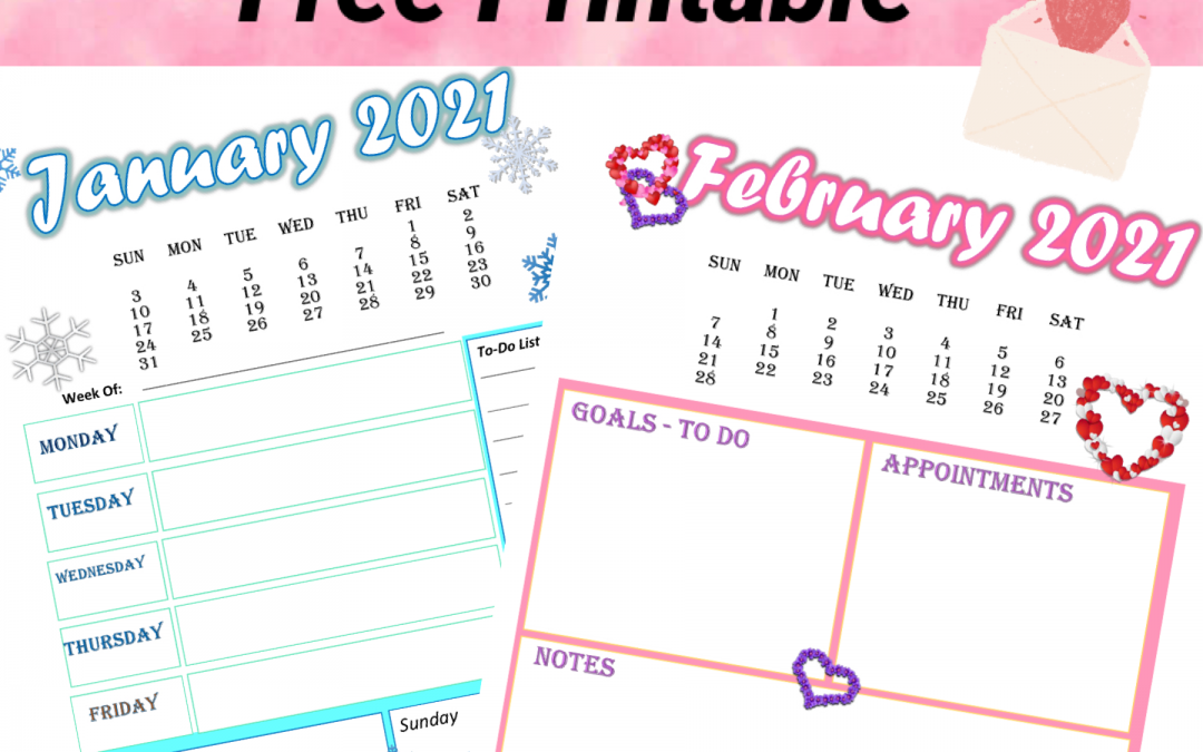2 Free Calendar and Weekly Planner for January & February 2021 printable